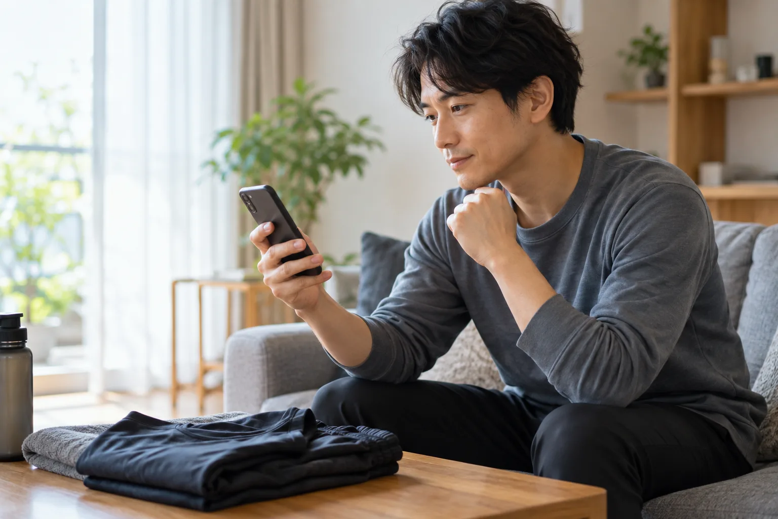 スマホでボクシングジムの体験予約を考える男性