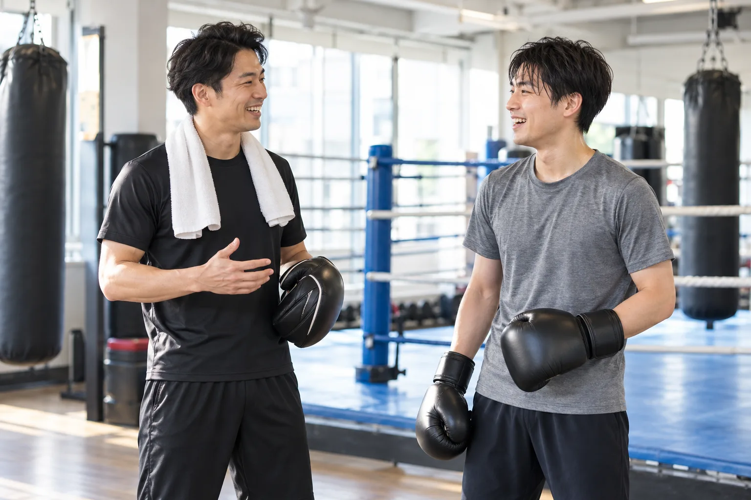 ボクシングジムで笑顔で話すトレーナーと練習生